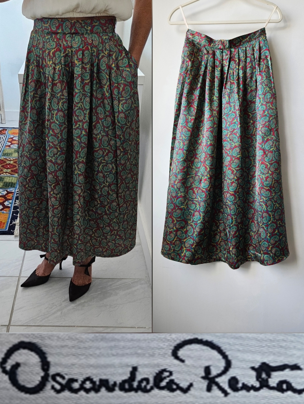 Oscar De La Renta Expressions Vintage  Paisley Print Pleated Long Skirt